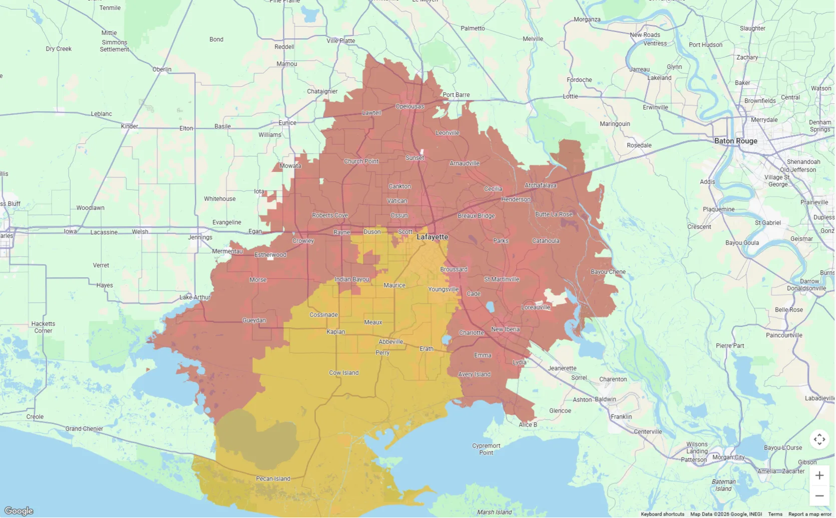 F & R Air Conditioning service area map showing primary coverage zone around Abbeville, Erath, Kaplan, Maurice, Youngsville, and Lafayette, with extended coverage across Acadiana including Crowley, Opelousas, New Iberia, Breaux Bridge, and surrounding communities